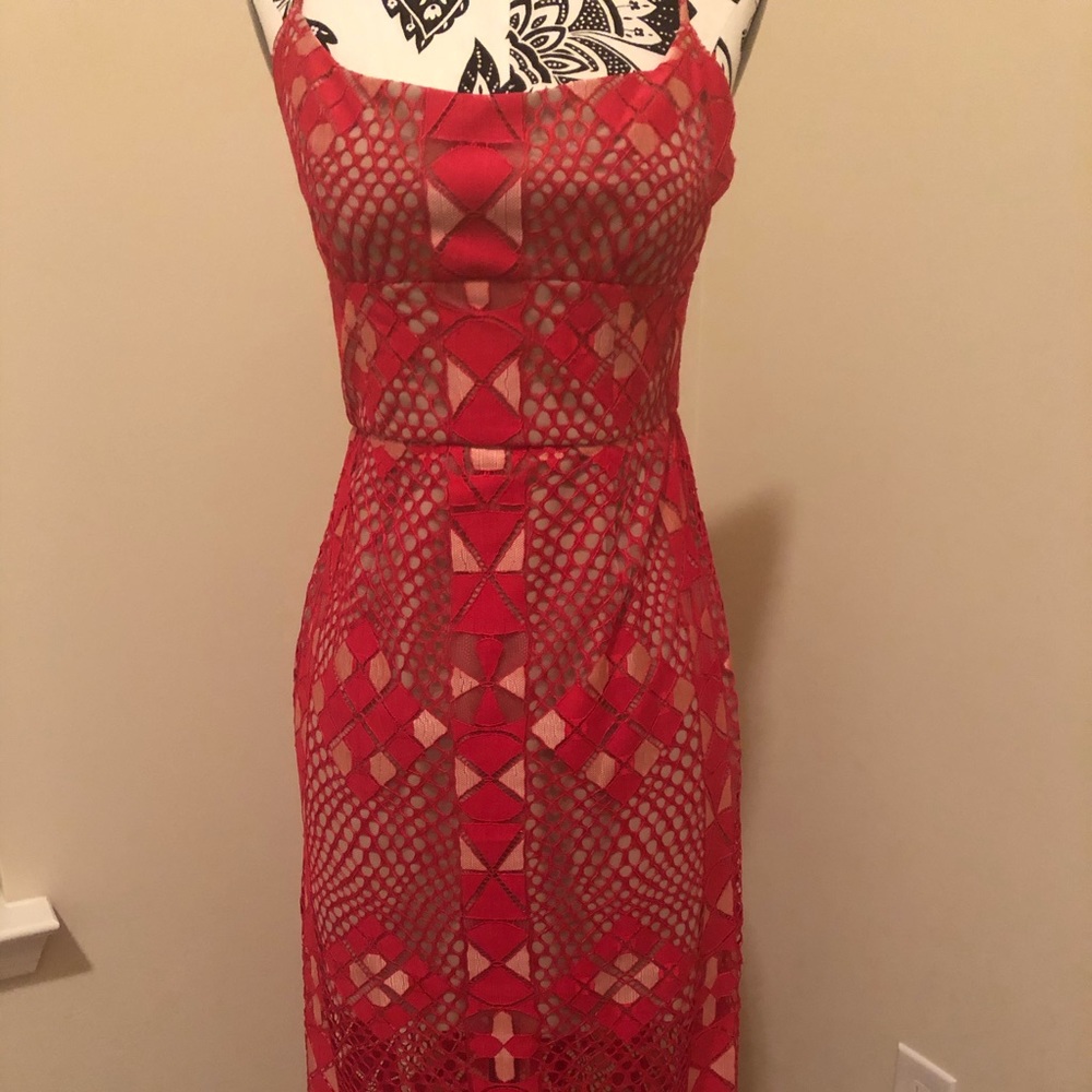 BCBG Alese Asymmetrical Geometric Lace Dress